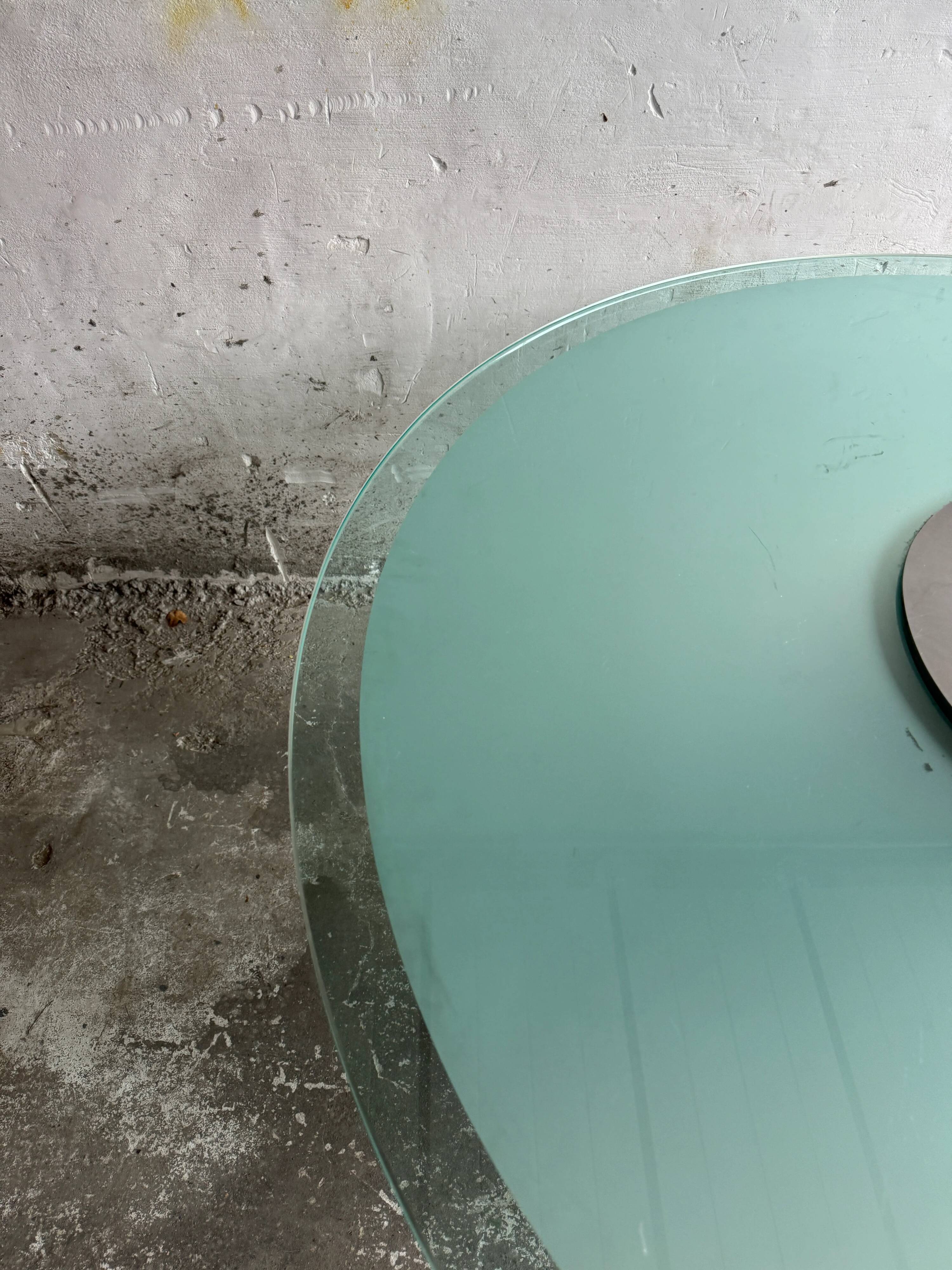 Translucent Frosted Glass Round Dining Table with Brushed Stainless Steel Pedestal — Industrial 1990s