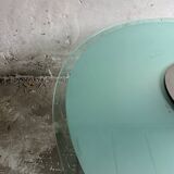 Translucent Frosted Glass Round Dining Table with Brushed Stainless Steel Pedestal — Industrial 1990s