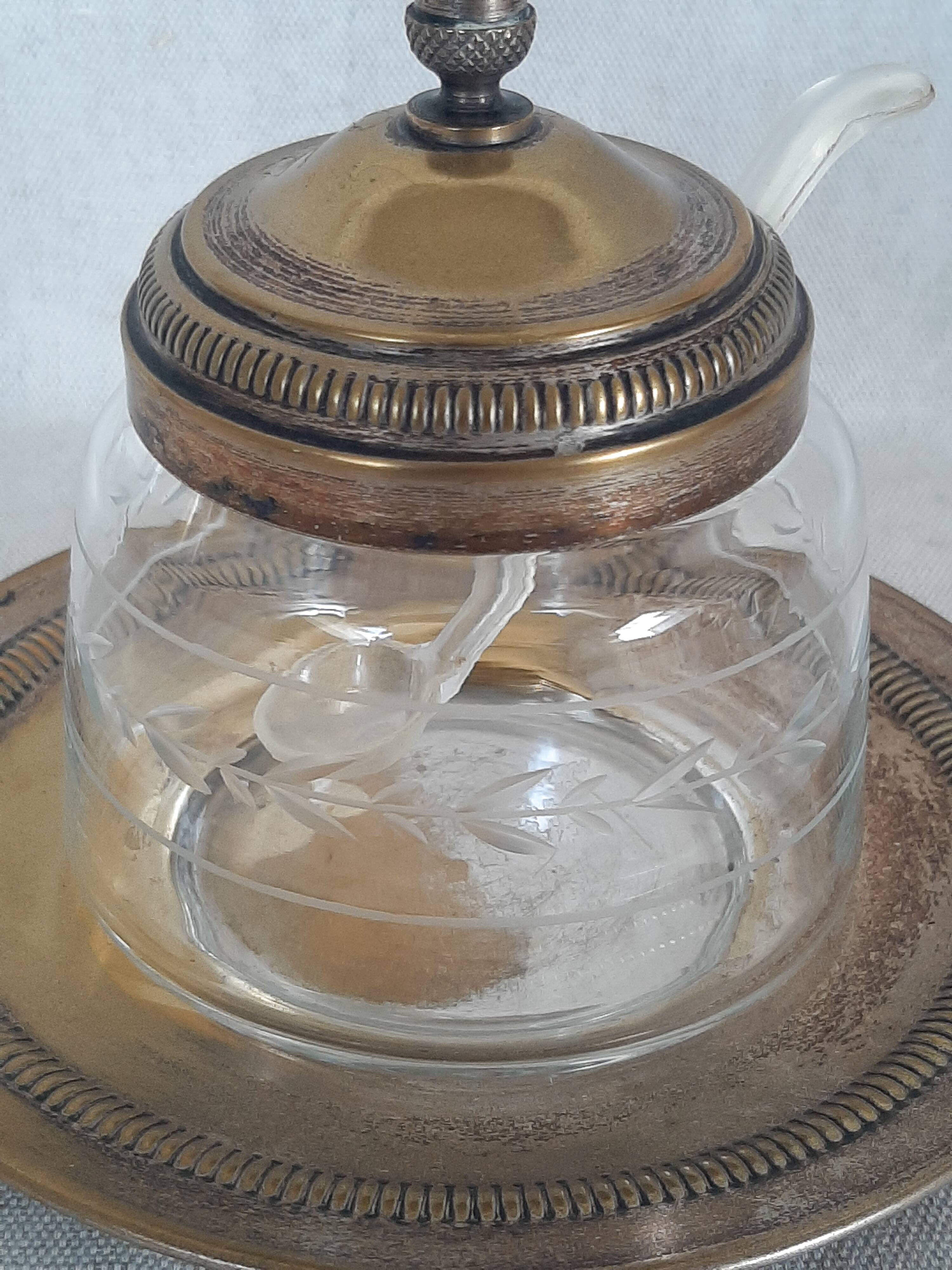 Engraved glass sugar bowl and silver-plated metal