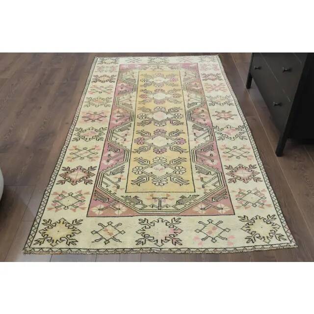 Vintage Turkish Oushak Handmade Wool Cotton Yellow Area Rug 119X210