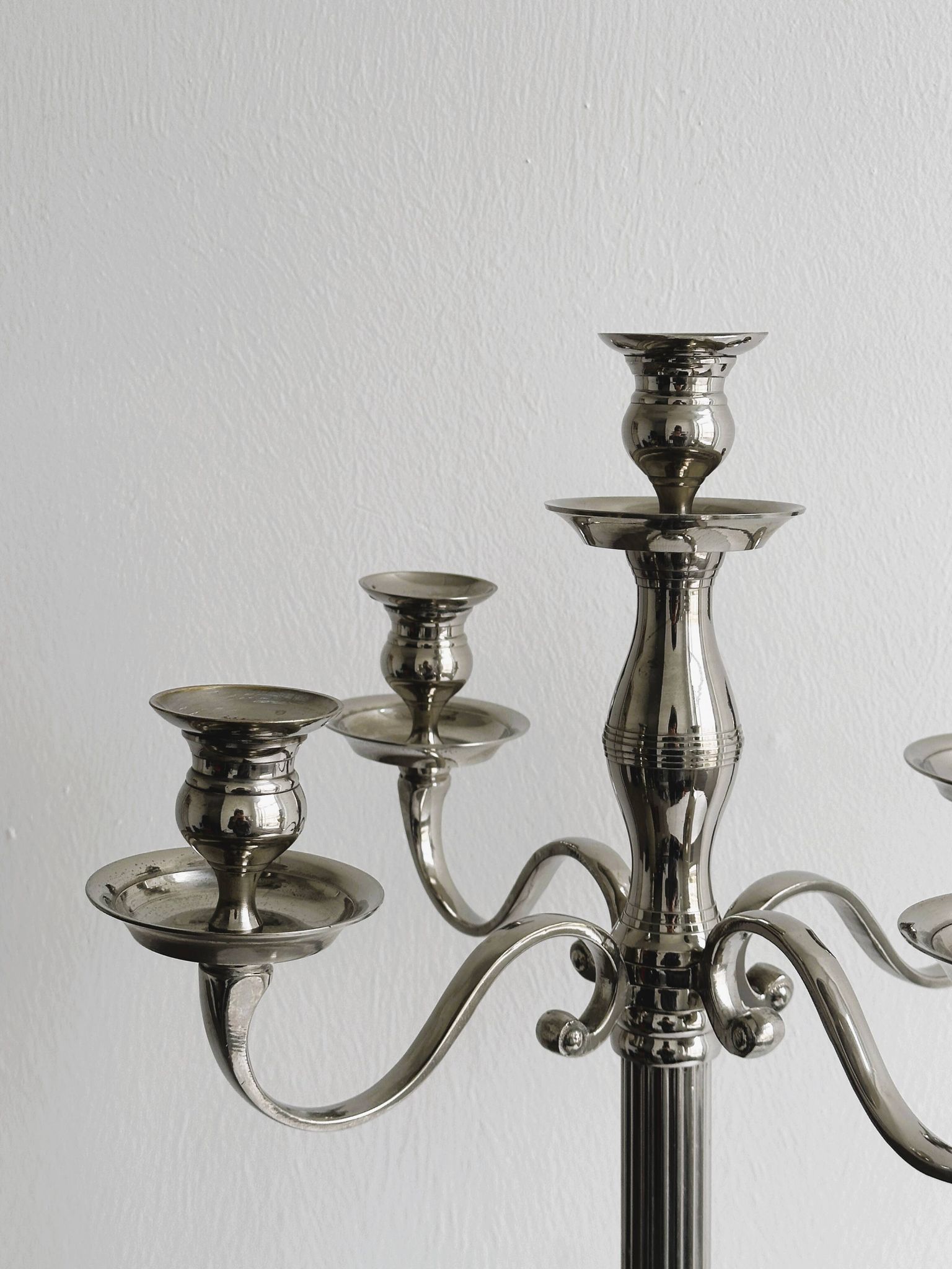 Large 5-arm candlestick in shiny silver metal