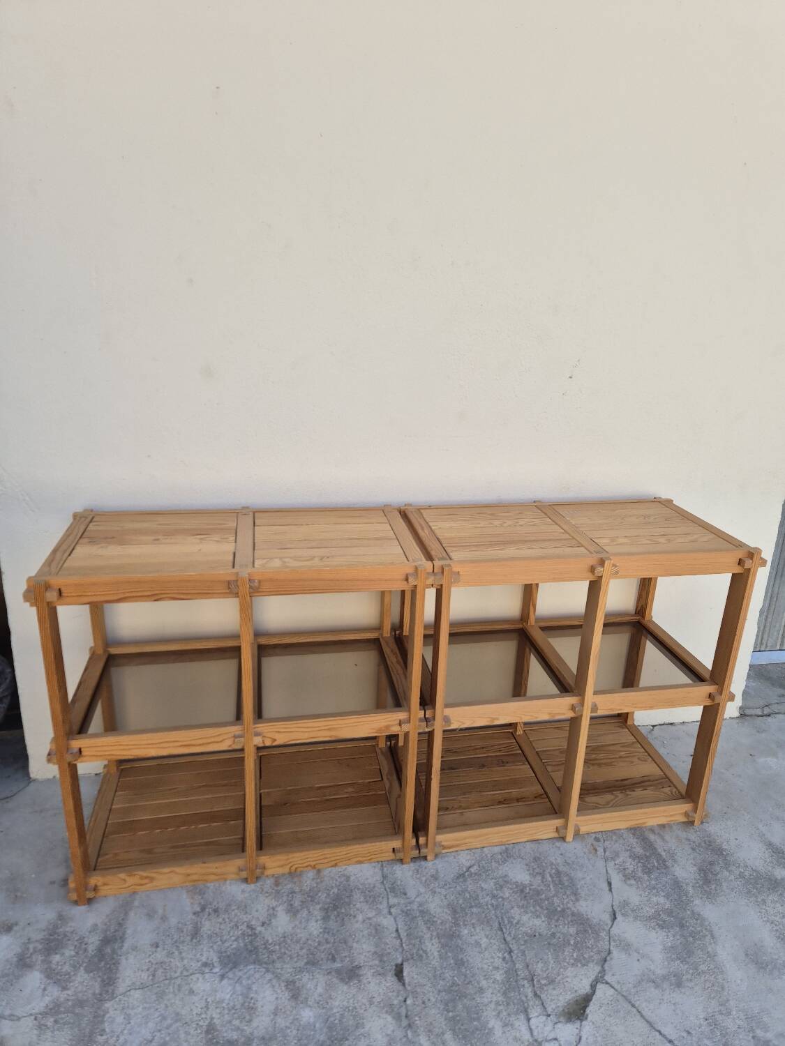 Pair of vintage pine bookshelf units in Maison Regain design from the 1970s.
