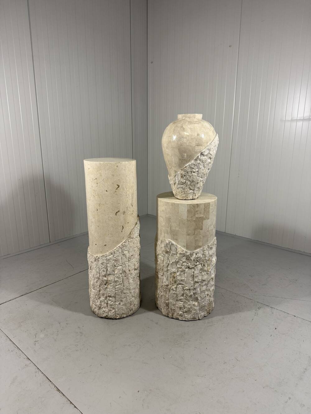 Travertine mactan stone columns & vase 1980’s