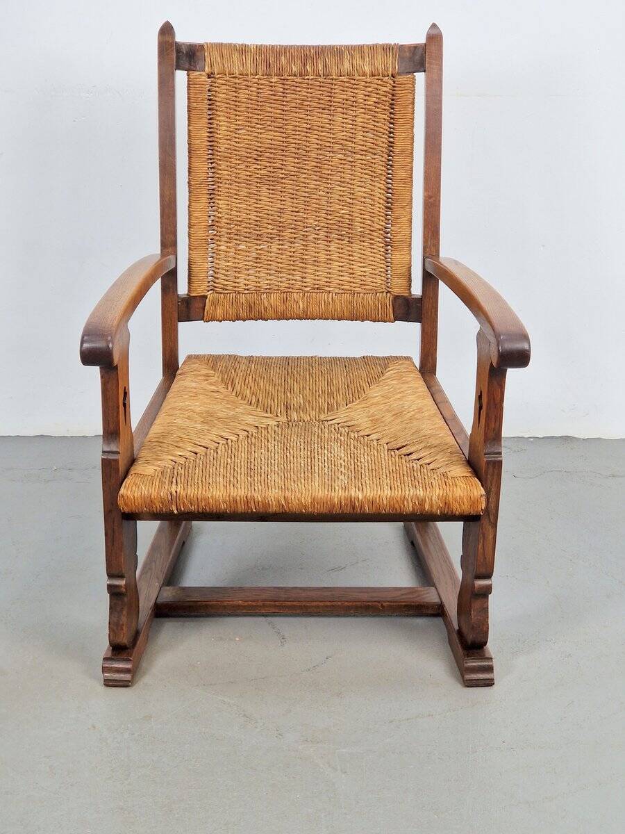 Modern Dutch Brutalist Armchair in Rush and Oak, 1950s