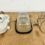 Industrial white porcelain cage wall light with ribbed glass, 1970s