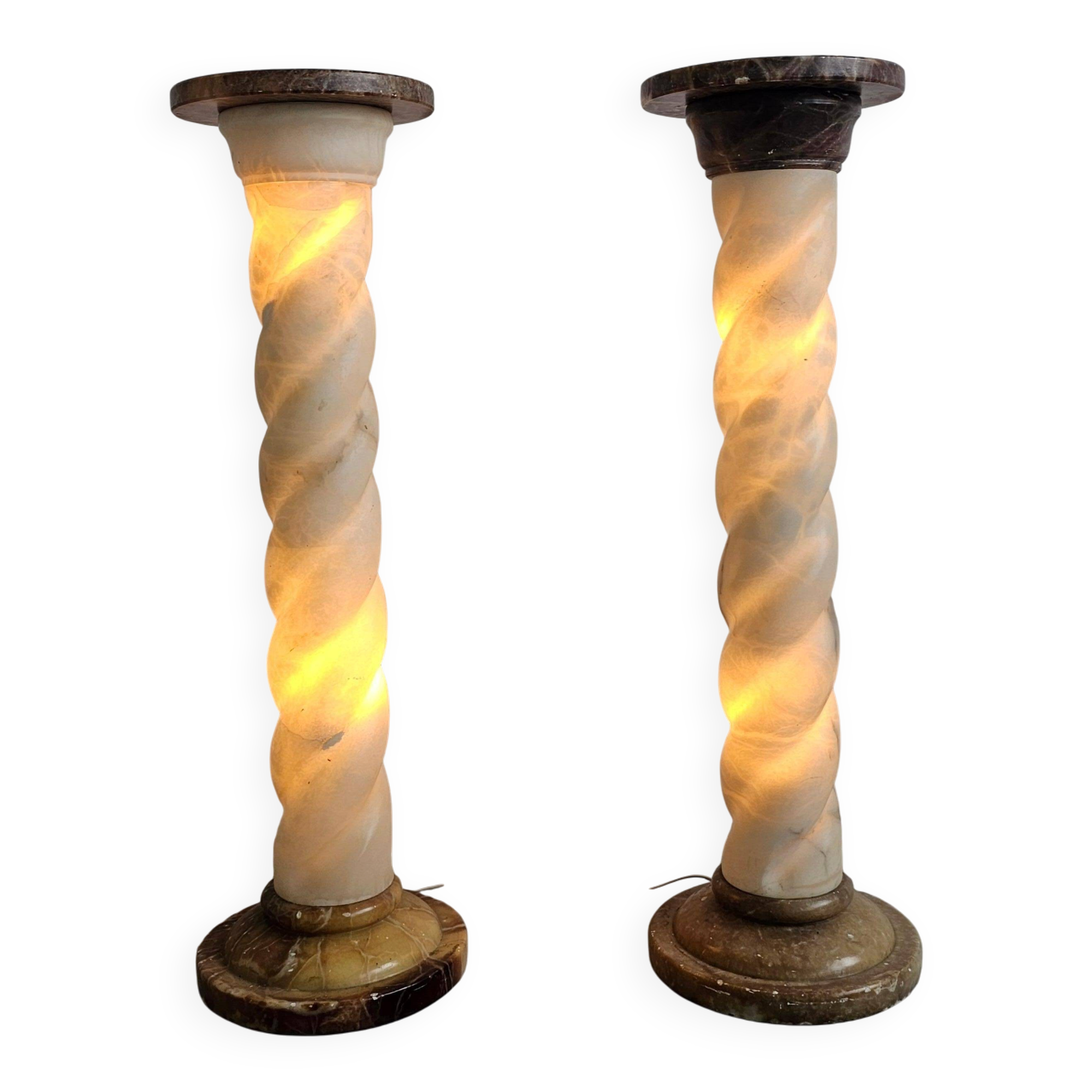 Pair of twisted column floor lamps in alabaster and marble, 1960