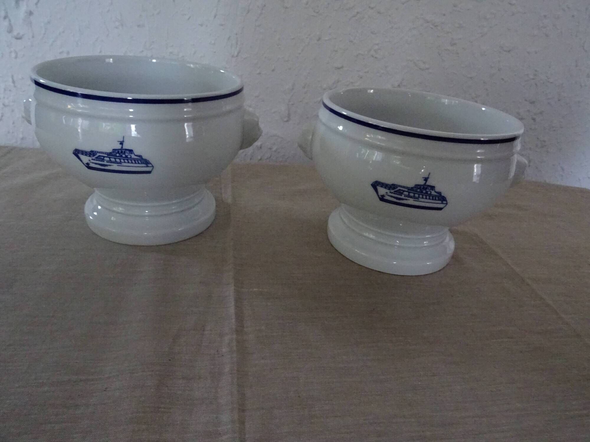 4 Large bowls salad bowls + 2 cups PILLIVUYT blue decoration boat G. CAOUDAL