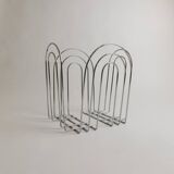 Vintage chrome-plated metal basket in Space Age 1980s design – silver storage for magazines, throws, 37x42x34 cm