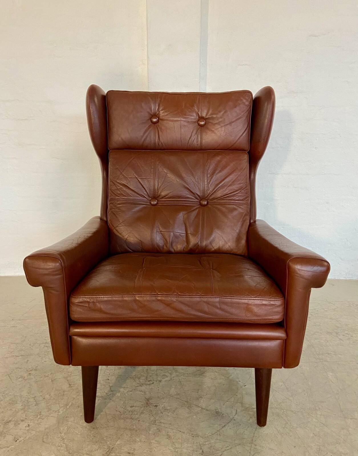 Vintage Danish retro mid-century Svend Skipper caramel brown leather chair