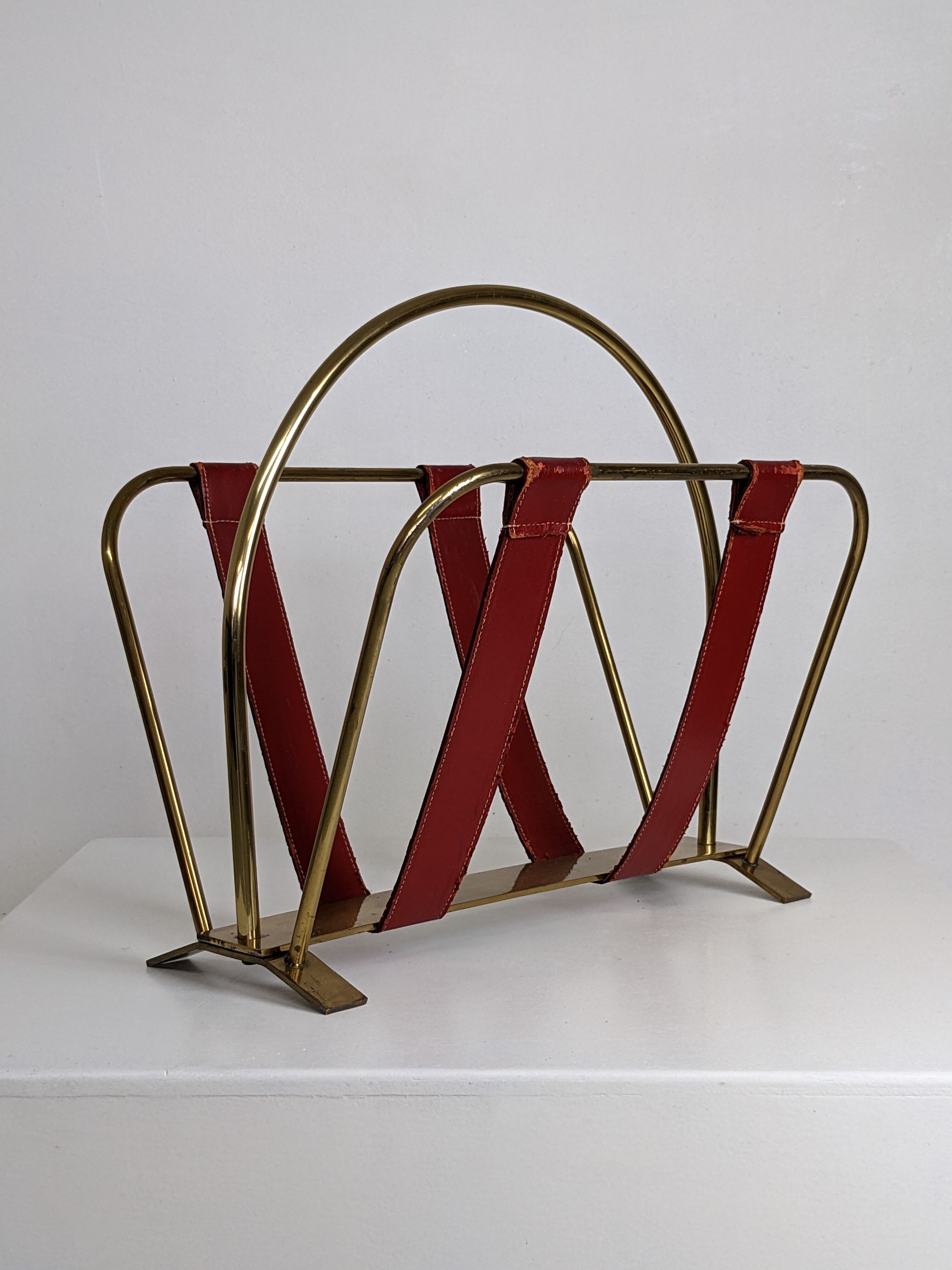 Brass and leather magazine holders, France, 50s