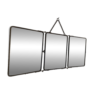 Vintage 1950s triptych barber mirror, black lizard effect, hairdresser - 27 x 67