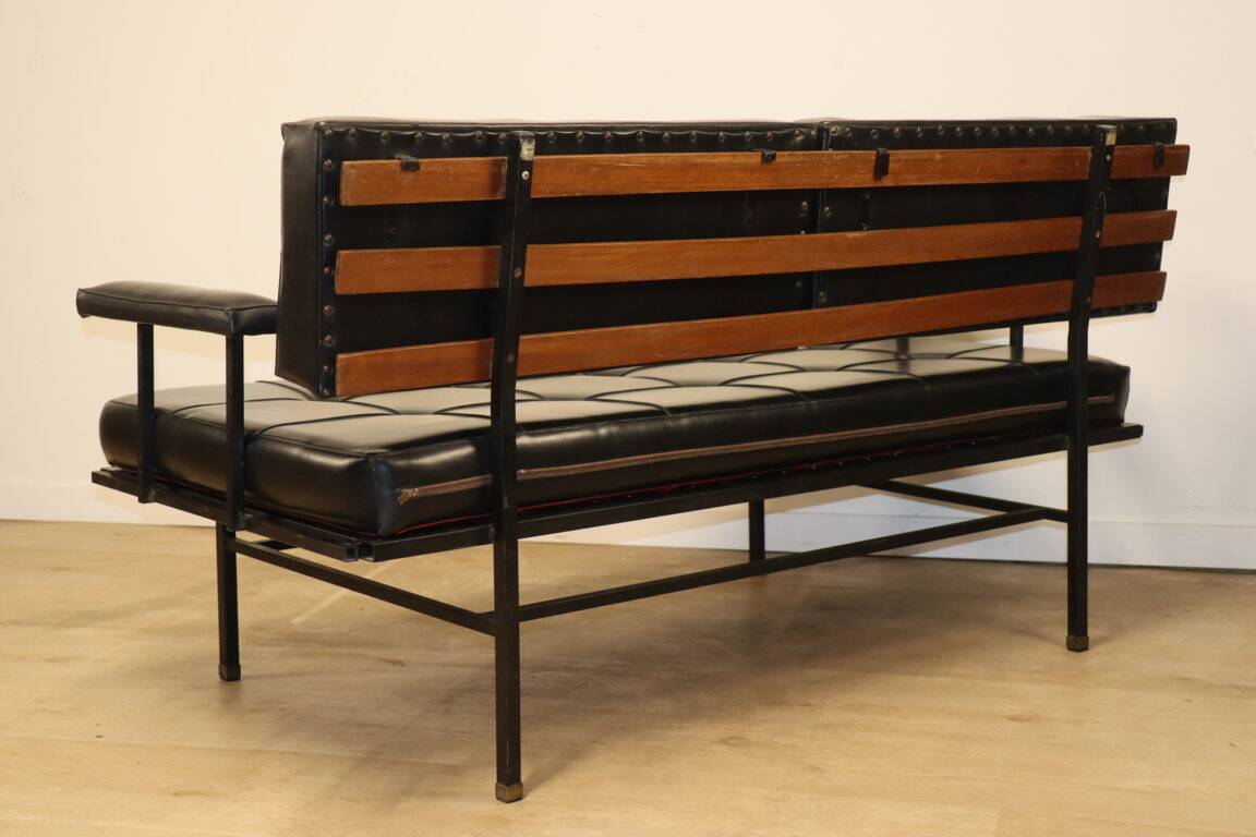 Vintage "Daybed" sofa bench in metal and imitation leather, 1950