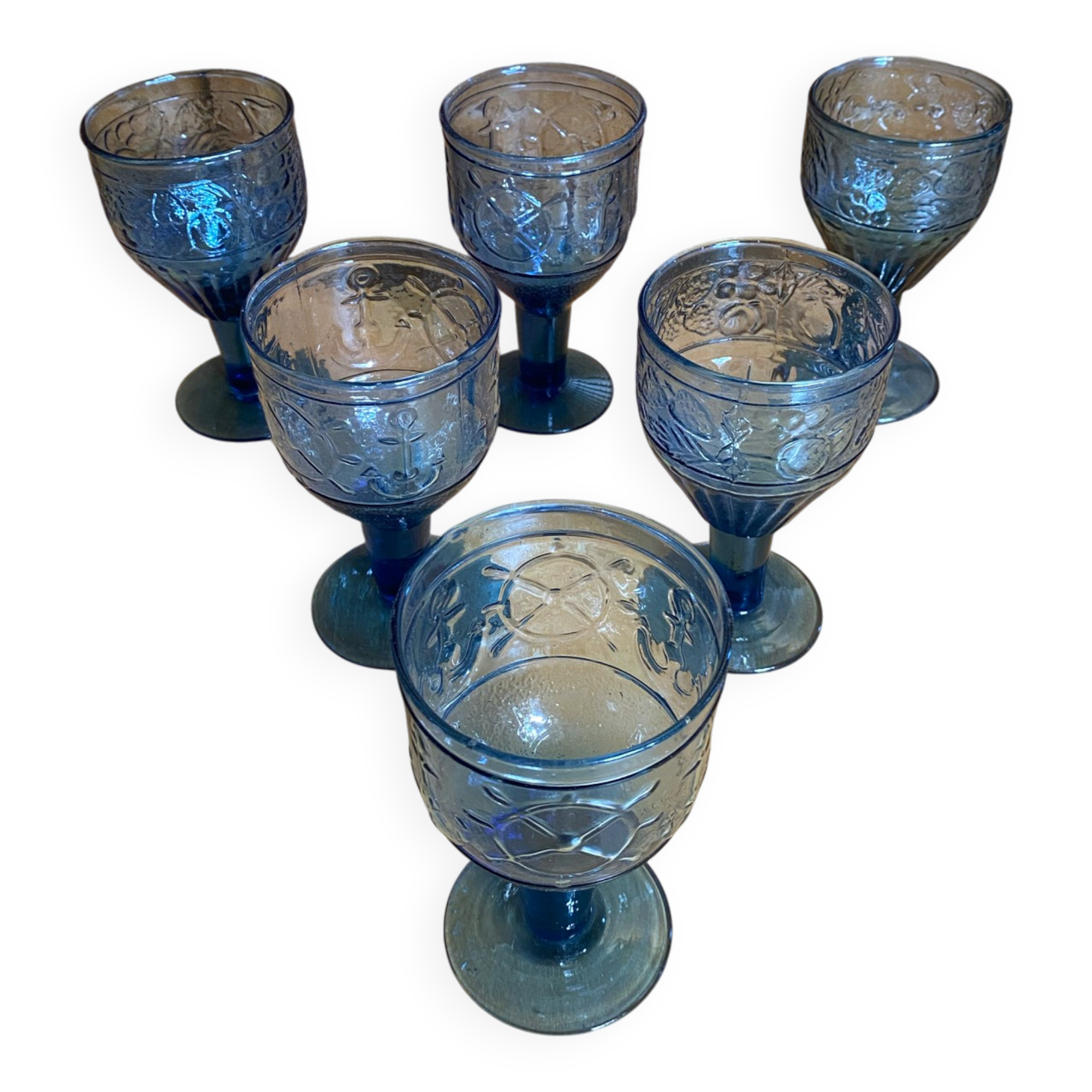 Set of 6 Blue Moulded Glass Goblets with Fruit Decor Vintage 1960s