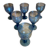 Série 6 verres à pied verre moulé bleu décor fruits années 60 vintage