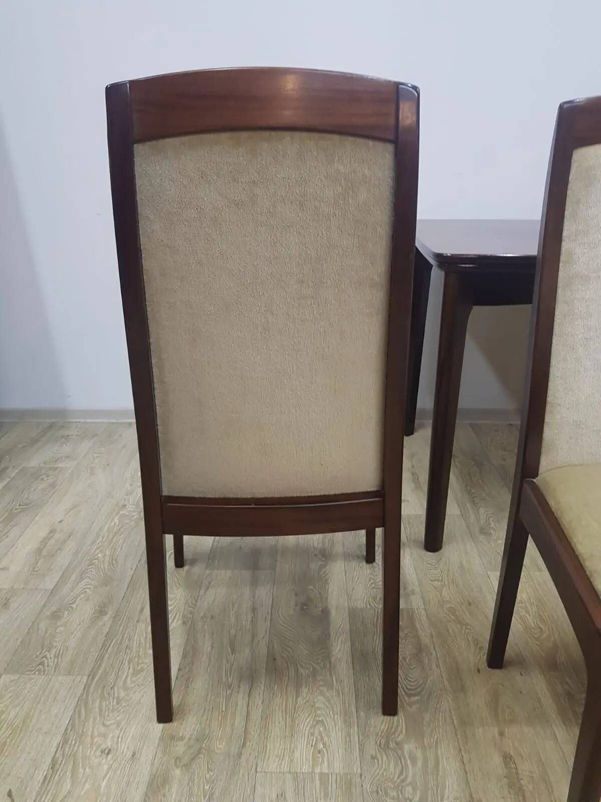 Table and four chairs set, brown wood, beige fabric, Denmark, 1970s.