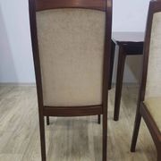 Table and four chairs set, brown wood, beige fabric, Denmark, 1970s.