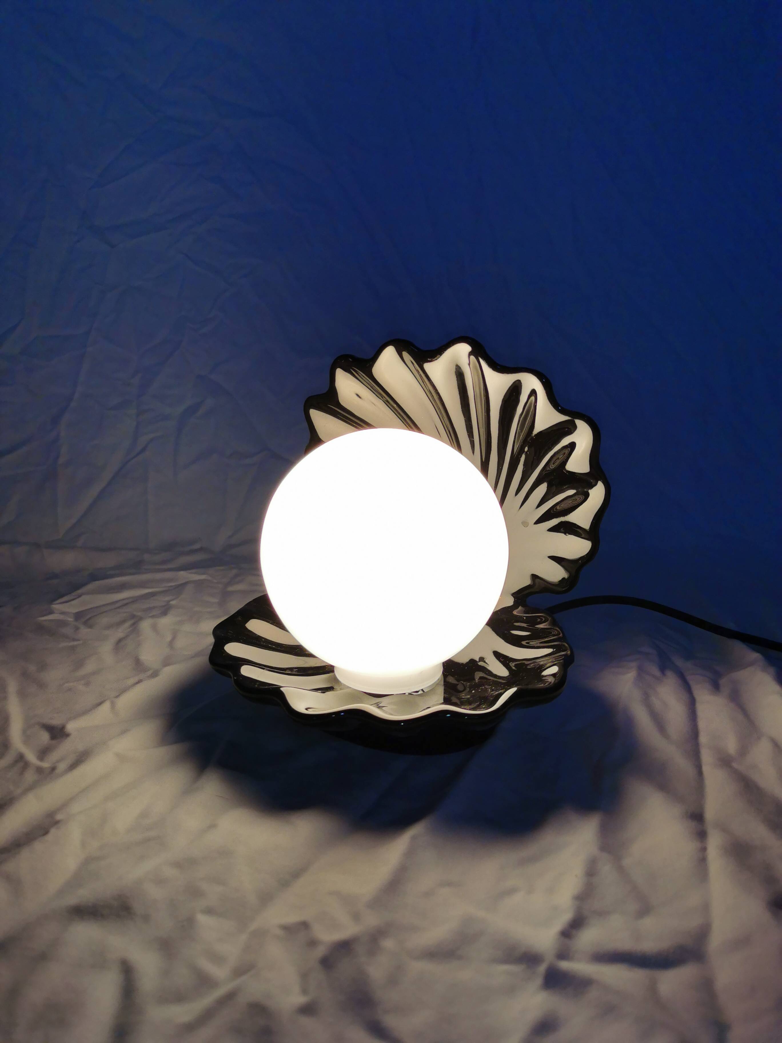 Ceramic shell lamp with opaline pearl, Saint-Jacques, France, 1980
