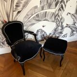 Vintage - Louis XV style armchair - Completely redone - Black velvet 100% cotton - Galon Houlès