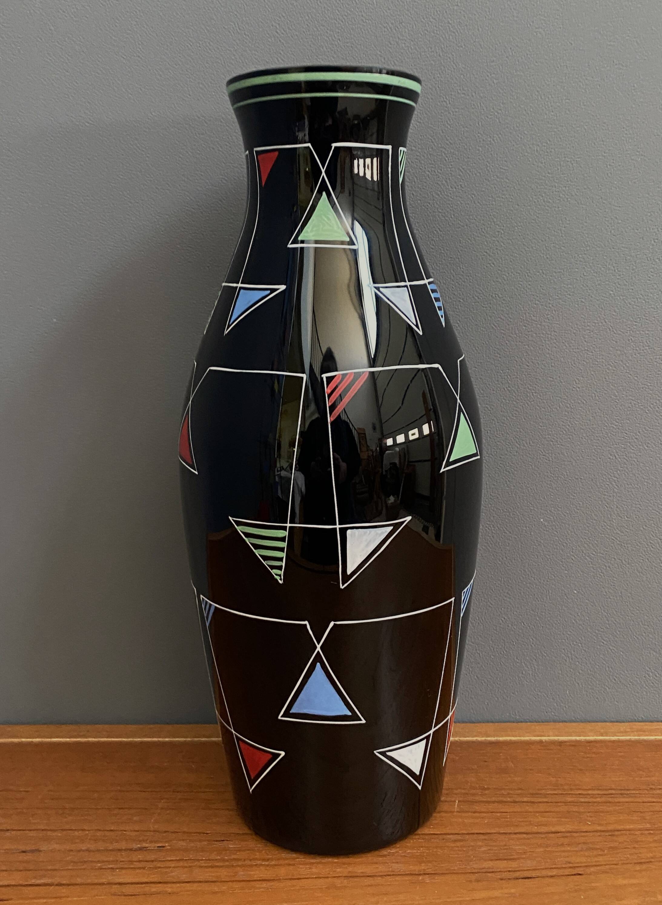 Black Glass vase with enamel decoration by VEB Wasungen 1970s
