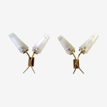 Pair of double-fire sconces in brass and glass - 60s
