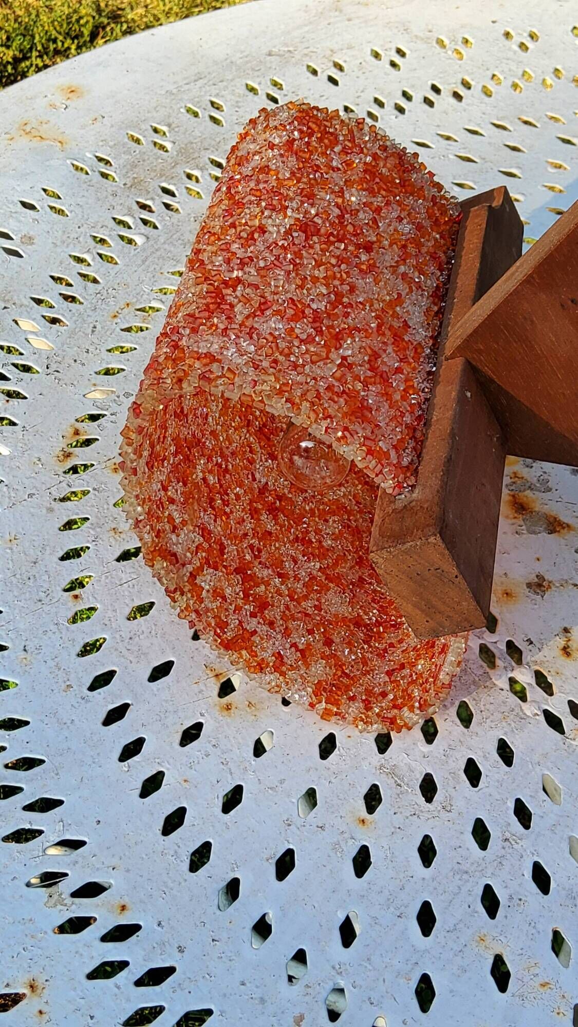 70s Scandinavian style chandelier in wood and orange granite resin 3 lights