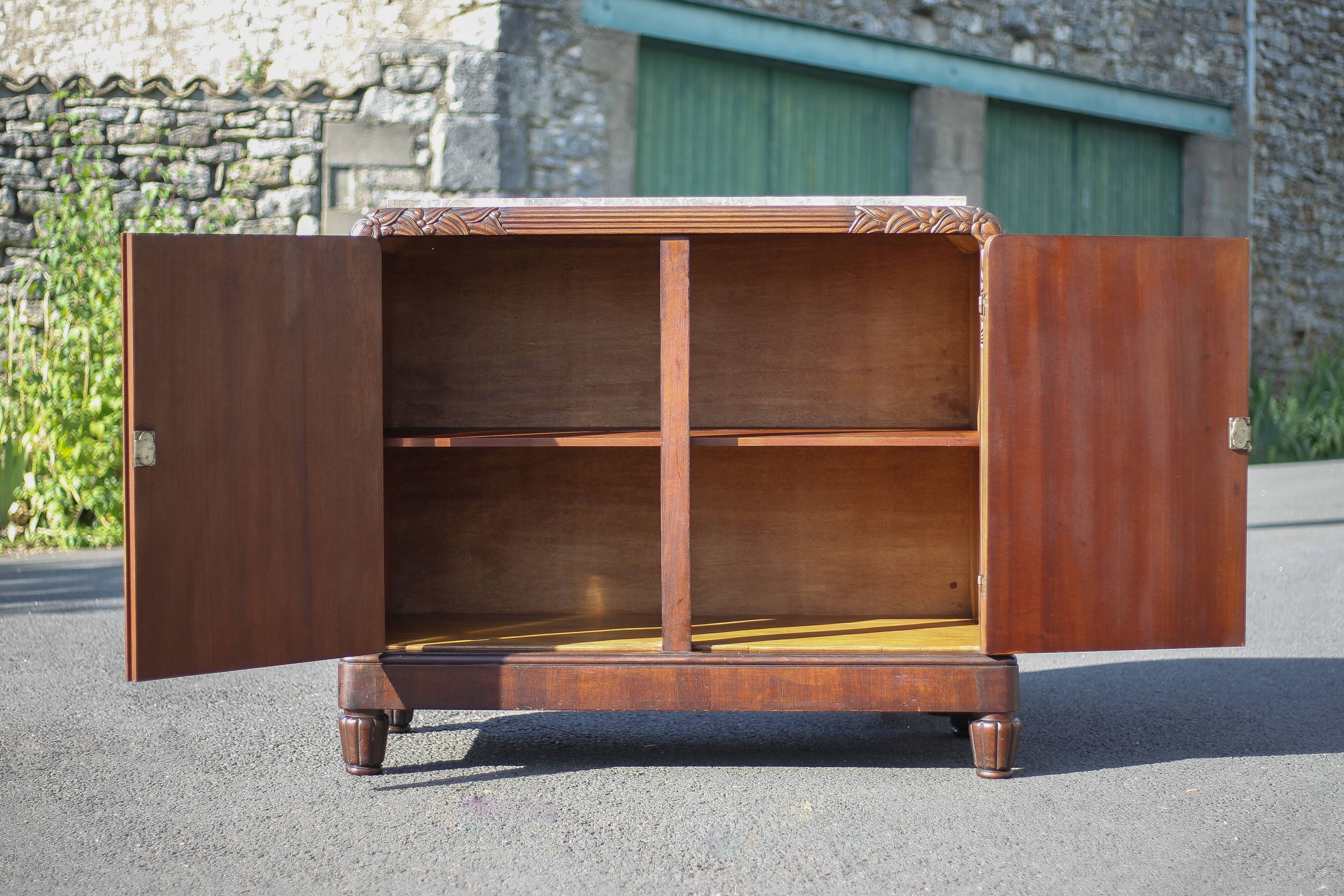 Buffet art déco 2 portes, meuble bois et marbre art déco