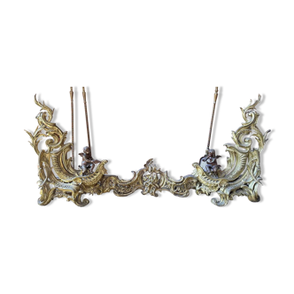 Beautiful pair of andirons with cherubs in gilded and patinated bronze in rocaille style