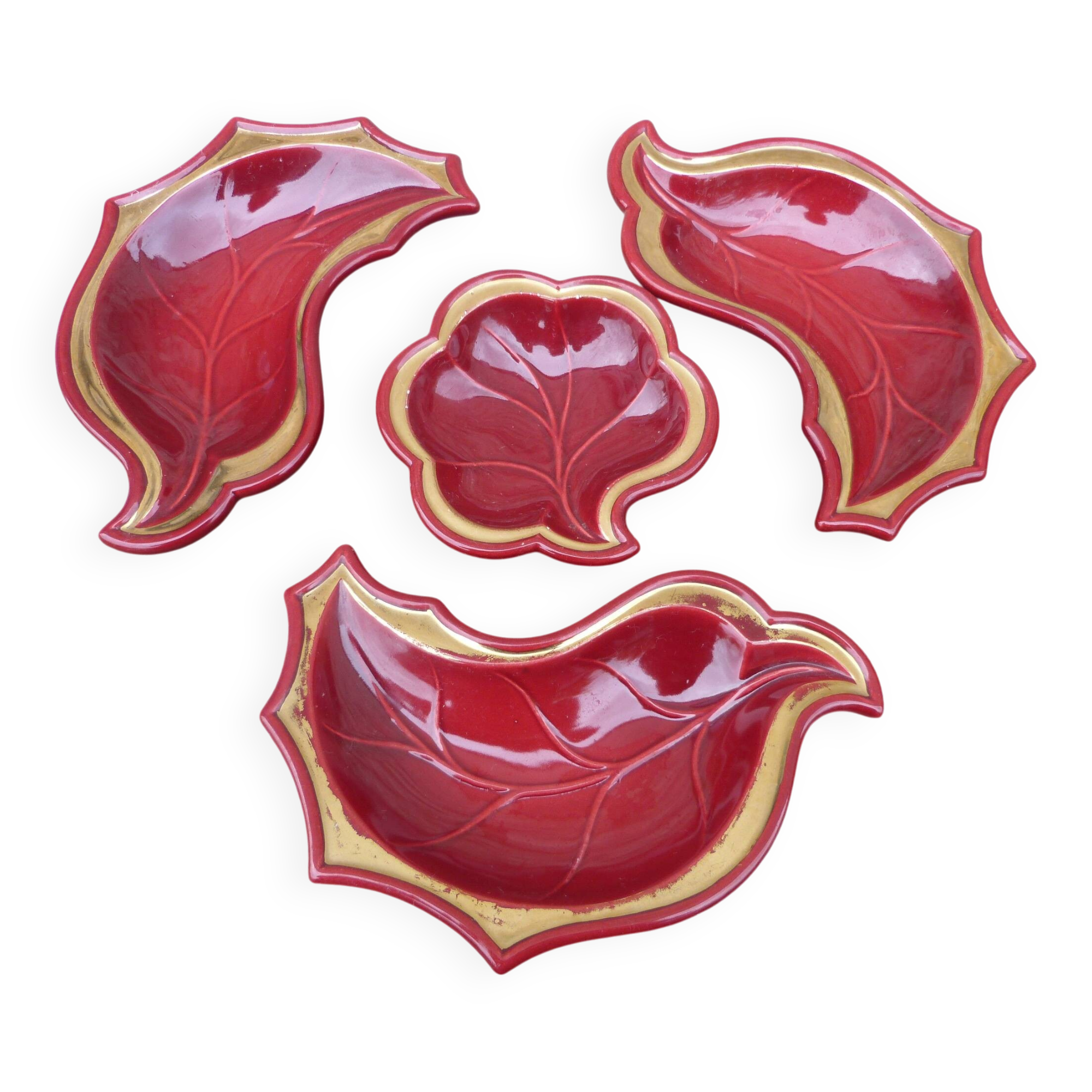 Set of vintage 1950s burgundy and gold ceramic serving dishes