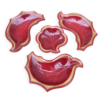 Ensemble de raviers en céramique bordeaux et doré vintage 1950