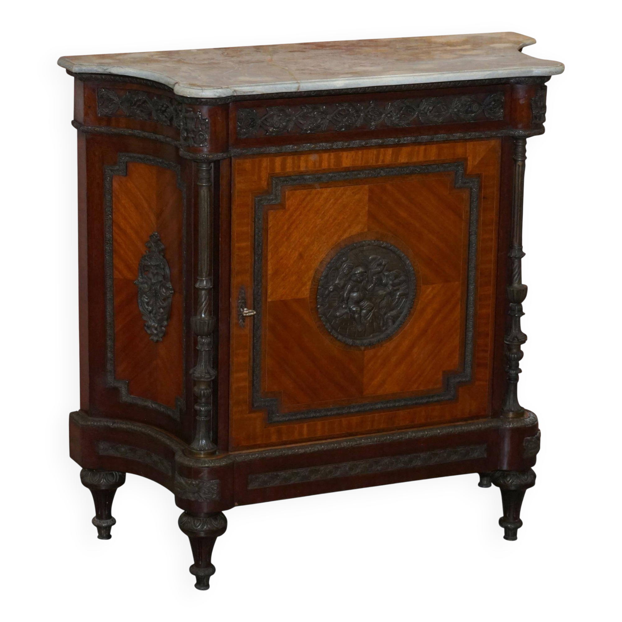 Louis Buffet in Walnut 19th Century with Drawers, Marble and Bronze Ornaments