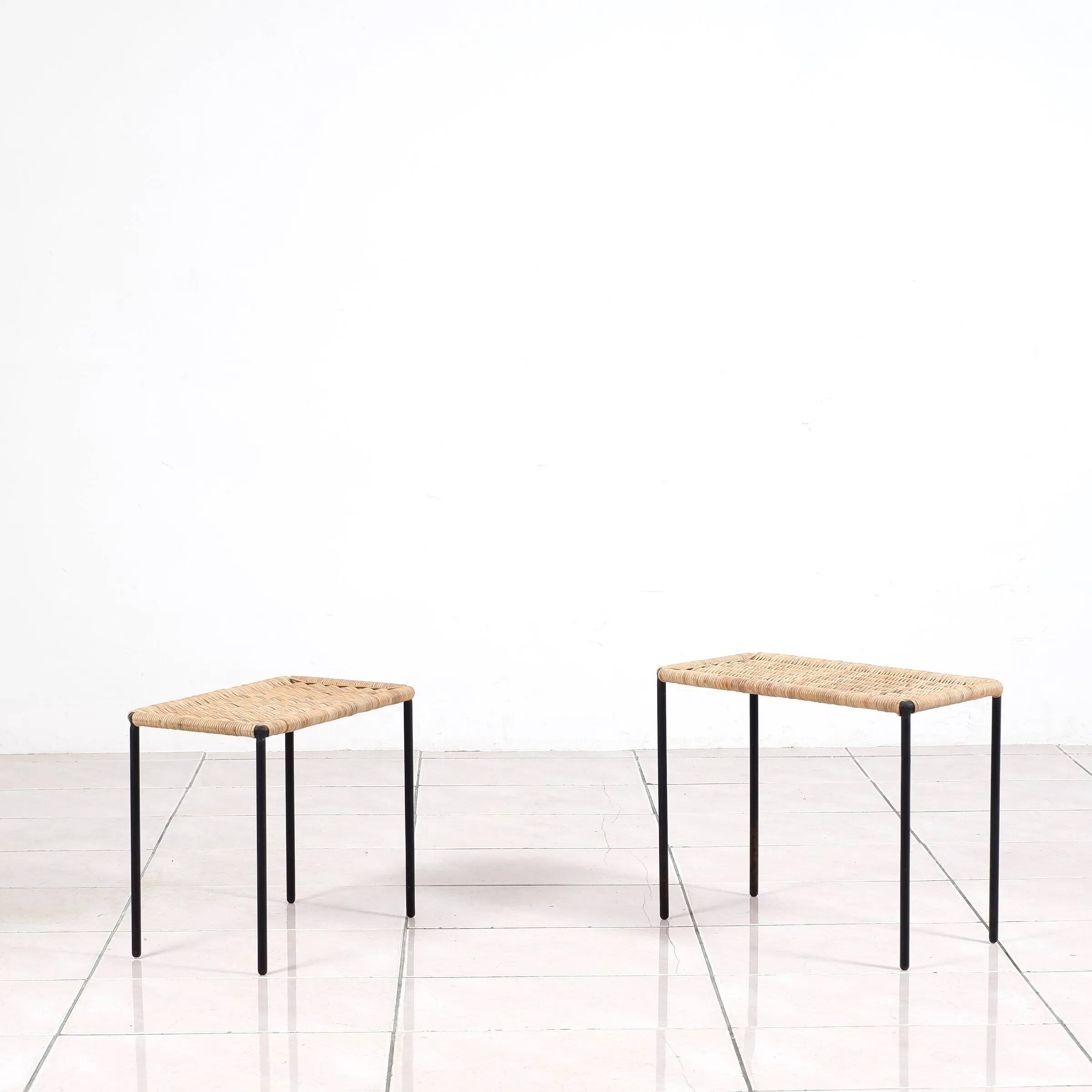 Nesting tables in metal / rattan by Carl Auböck