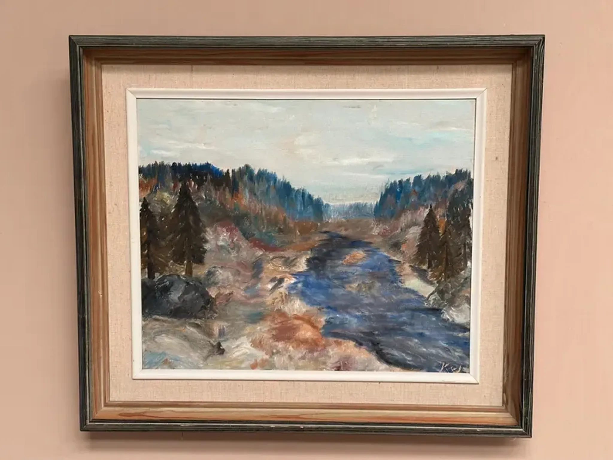 Original Swedish Oil on Canvas – “Landscape with River and Forest” by Kaj – Signed – Vintage & Framed – 60 × 52 cm (23.6" × 20.5")