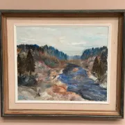 Original Swedish Oil on Canvas – “Landscape with River and Forest” by Kaj – Signed – Vintage & Framed – 60 × 52 cm (23.6" × 20.5")