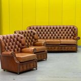 Vintage Chesterfield Brown Leather High Back sofa and Armchairs, Set of 3