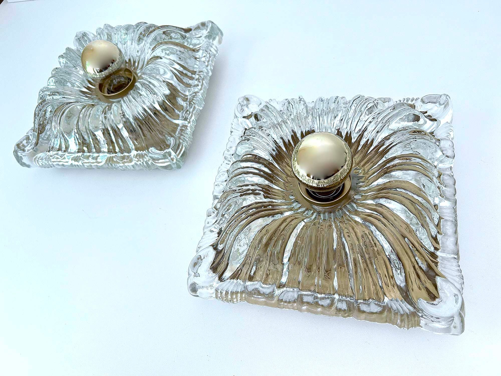 Pair large vintage architectonic wall lamps, 60s, glass
