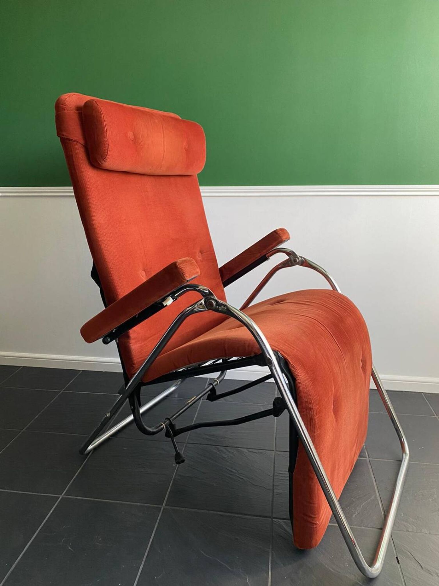 Relax armchair / chrome and velvet lounge chair produced by Lama 1970