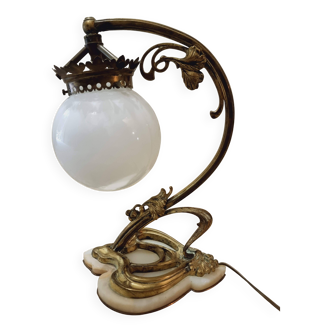 Antique Art Nouveau table lamp Brass, marble & frosted glass globe