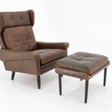 1970 Svend Skipper High Back Armchair and Stool in Brown Leather, Denmark