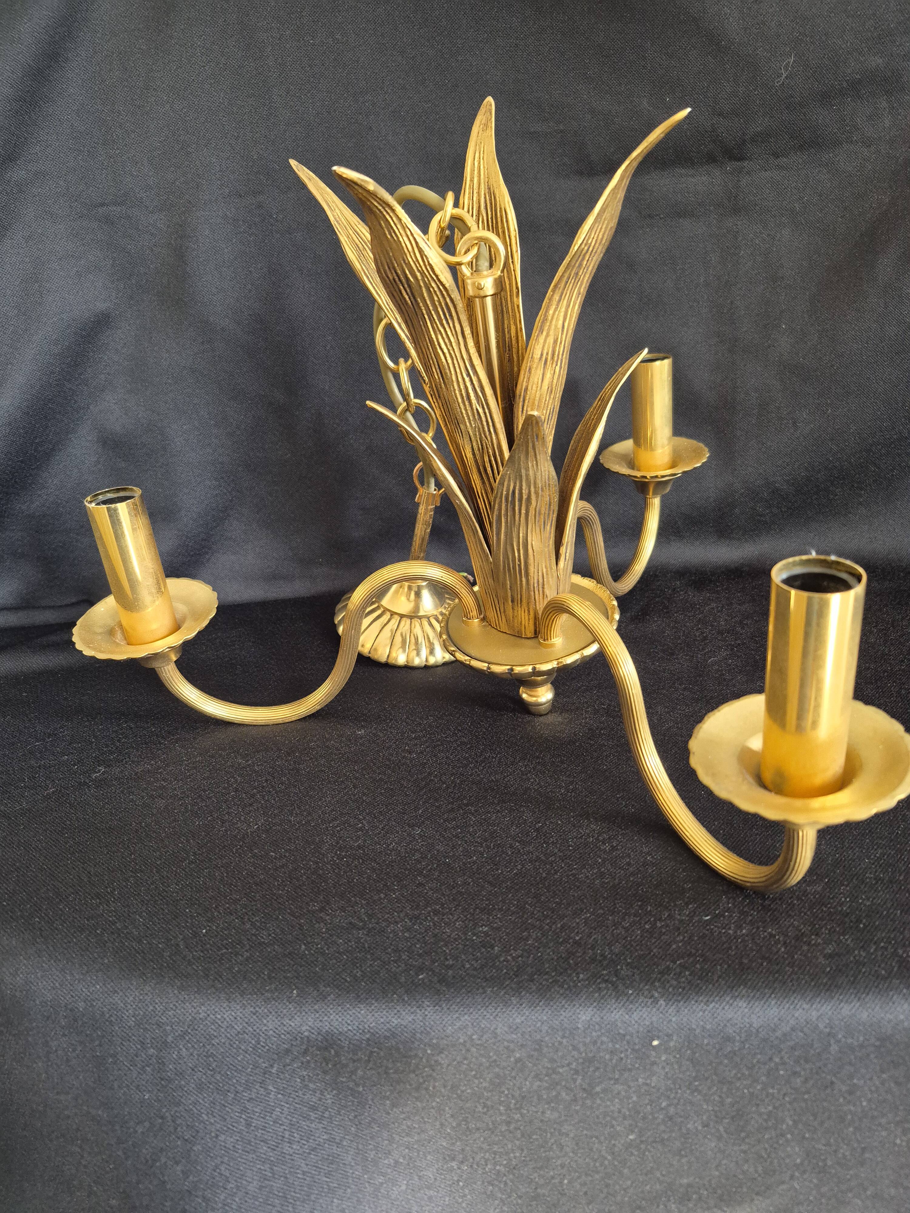 Hollywood Regency vintage gold palm chandelier 3 lights Hans Kögl style A666