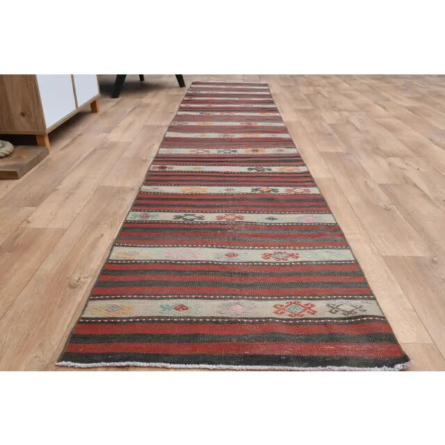 Turkish Vintage Kilim Oushak Handmade Woven Wool Runner Rug 73x350