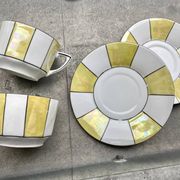 60s striped iridescent porcelain coffee service, 2 cups + 2 vintage saucers