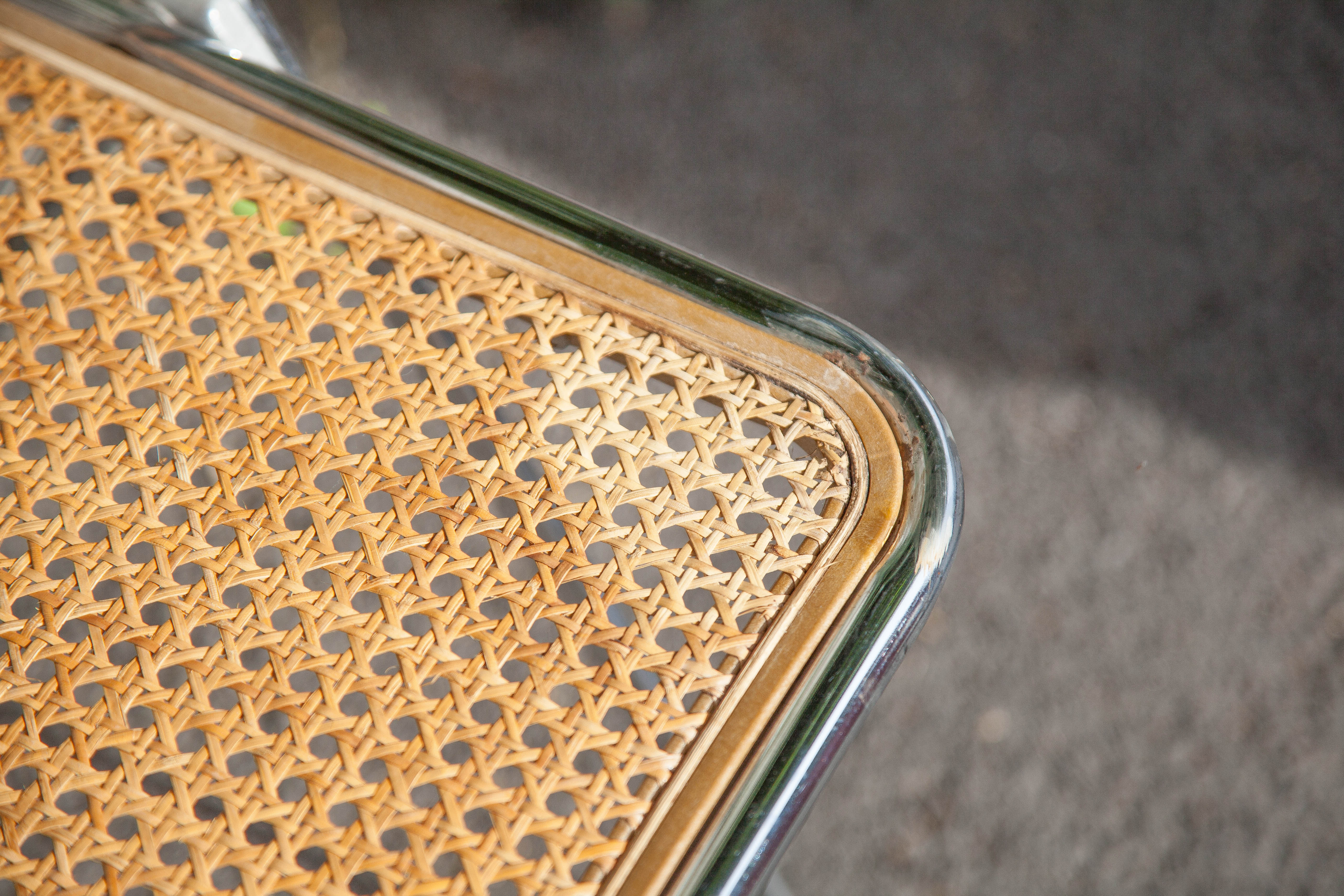 Set of 3 folding chairs in rattan and chromed metal, vintage chair, design, 60's