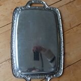 Vintage silver-plated metal tray with handles and embossed pattern