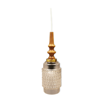 Danish hanging lamp made of pressed glass, with wooden top and brass detail