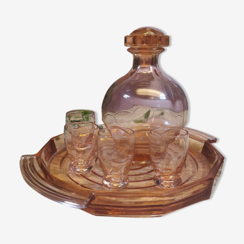 Rosaline service in pink glass with a tray, a carafe and 4 liqueur glasses
