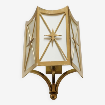 Suite of 10 wall lights in gold metal and opaline glass with 3 sides decorated with centered crosspieces