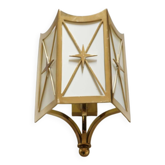 Suite of 10 wall lights in gold metal and opaline glass with 3 sides decorated with centered crosspieces