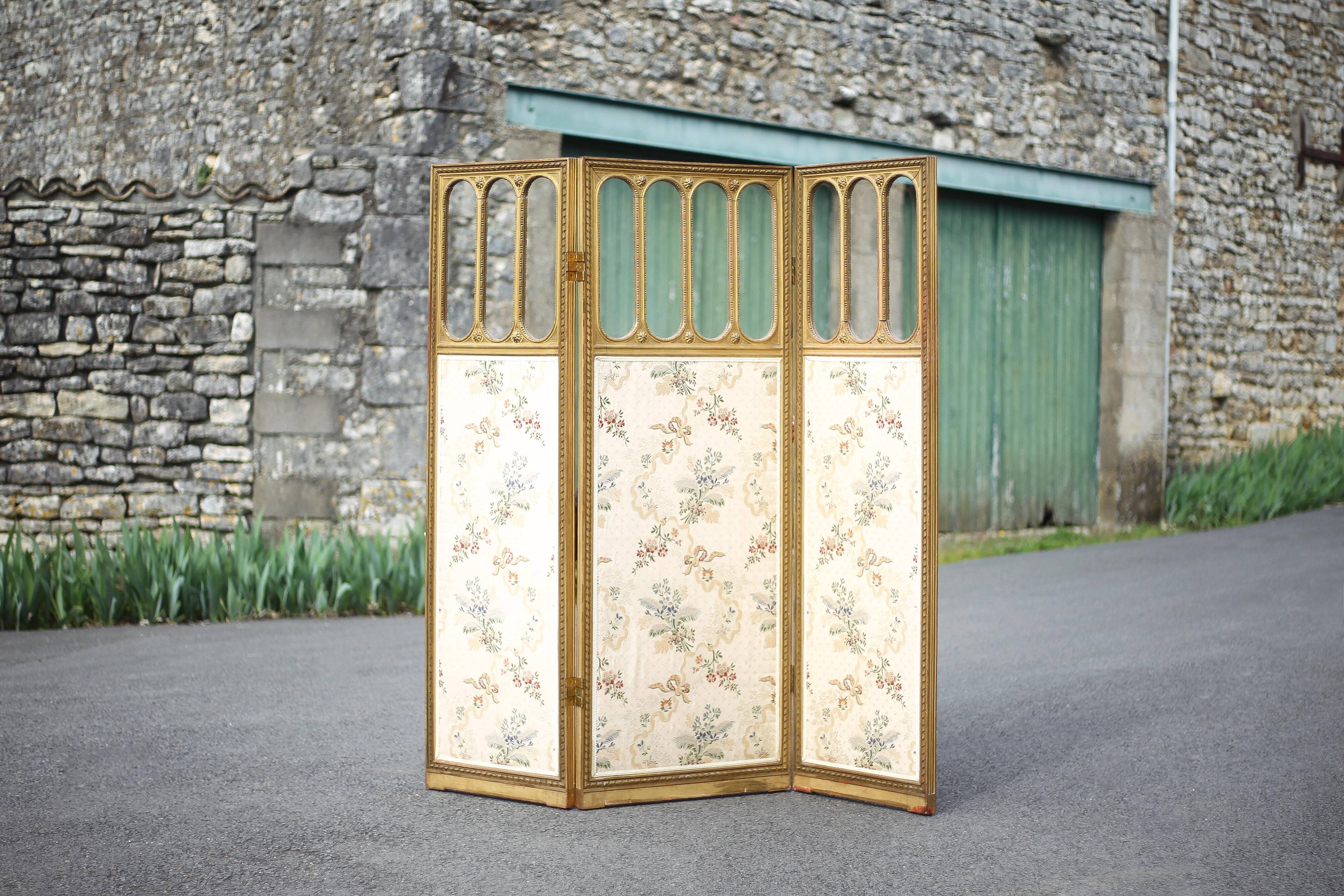 Vintage screen, old 3-panel screen, molded wood and fabric screen