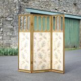 Vintage screen, old 3-panel screen, molded wood and fabric screen