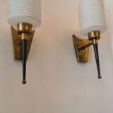 Pair of brass and opaline wall lights